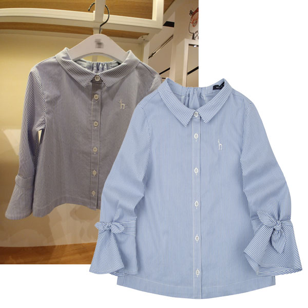 Korean Edition girl shirt shirt jacket Blouse pure cotton skirt Long sleeve T-shirt Stand collar bow blue stripein the Children/Baby/Family fitted , Shirt category - from Buy2taobao.com to provide professional Taobao agent buy service