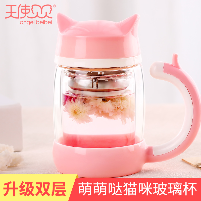 天使贝贝可爱猫咪杯子单层玻璃杯女花茶杯过滤办公便携创意水杯在类目 餐饮具, 杯子/水杯/水壶, 玻璃杯中 - 来自Buy2taobao.com提供专业的淘宝代购服务