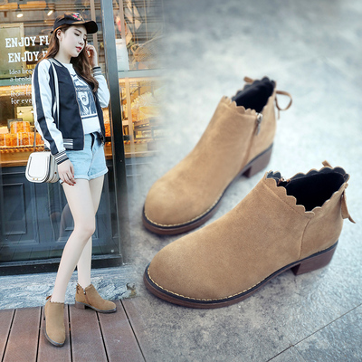 短靴女英伦风2017秋冬季加绒马丁靴短筒百搭低跟保暖雪地靴子花边