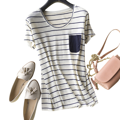 真丝单口袋装饰 小资洋气条纹范 圆领短袖T恤 女