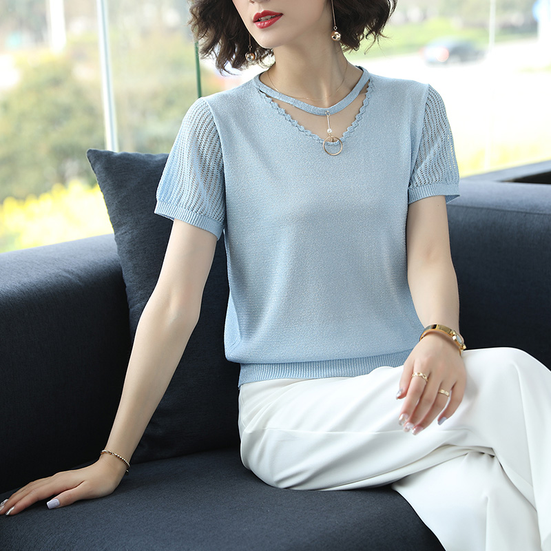 欧奕奴2019女装春夏女士内搭薄款v领上衣冰丝针织打底衫短袖潮在类目 女装/女士精品, 毛衣中 - 来自Buy2taobao.com提供专业的淘宝代购服务