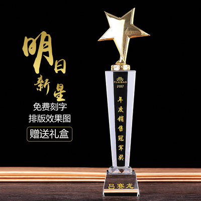 明日之星水晶奖杯奖牌大拇指五角星企业年度奖品奖座奖杯免费刻字