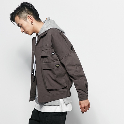 苎萝秋季新款多口袋日系复古工装夹克外套男上衣翻领宽松夹克潮男