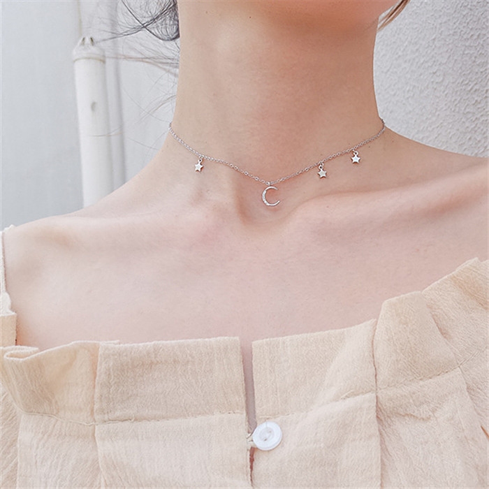 独品饰品 S925纯银美少女锁骨链 气质简约颈链星星月亮项链防过敏|msdalam kategori Aksesori/Barang Kemas Fesyen, kalung - dari Buy2taobao.com untuk memberikan perkhidmatan ejen Taobao profesional membeli