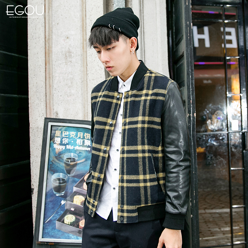 Egou易构冬季新品男士夹克修身时尚拼接毛呢夹克外套青年条纹茄克|msdalam kategori Pakaian Lelaki, jaket - dari Buy2taobao.com untuk memberikan perkhidmatan ejen Taobao profesional membeli