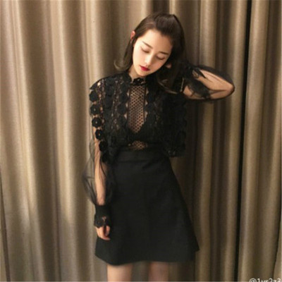 夏秋新款欧美高端大牌刺绣花朵黑色小礼服镂空蕾丝连衣裙女中裙