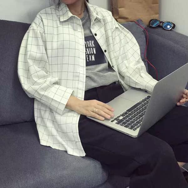 夏季韩版格子衬衫女小清新翻领打底衬衣宽松显瘦长袖开衫学生上衣在类目 女装/女士精品, 衬衫中 - 来自Buy2taobao.com提供专业的淘宝代购服务