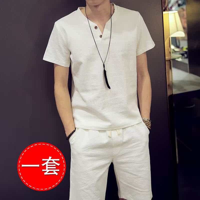 suit summer Trend Korean Edition Two piece set handsome man Short sleeved T-shirt shorts leisure time Flax jacketin the Men's clothing, Set , Other Suit category - from Buy2taobao.com to provide professional Taobao agent buy service