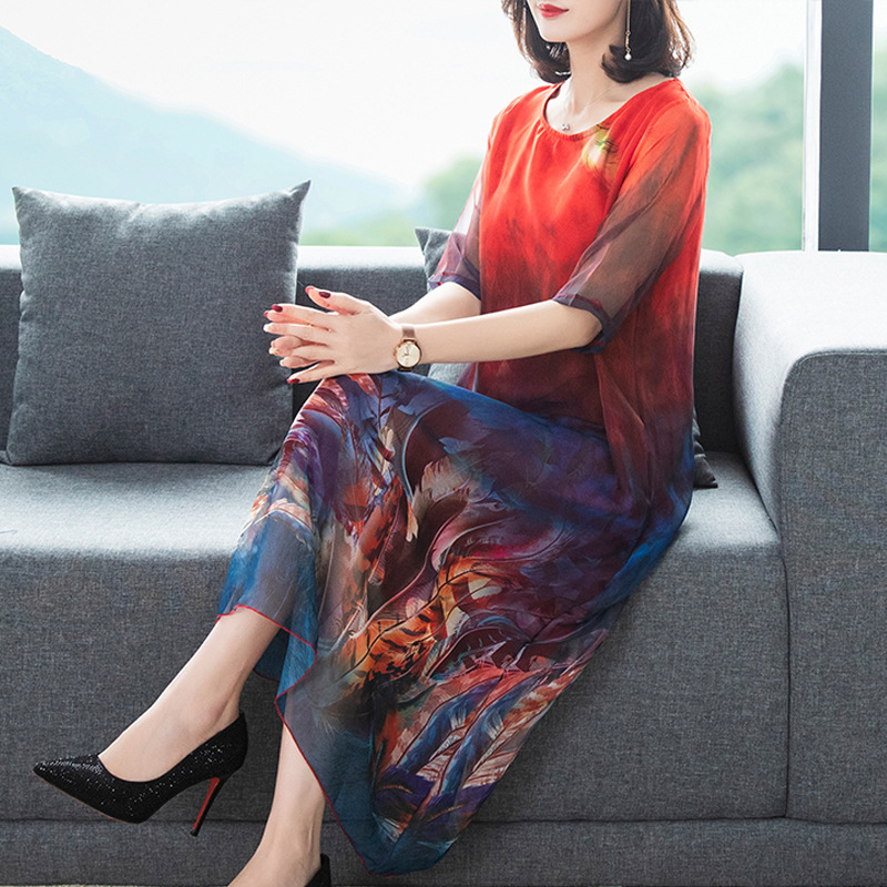 夏季新款女装a字大摆宽松印花真丝连衣裙桑蚕丝中长裙子在类目 女装/女士精品, 大码女装中 - 来自Buy2taobao.com提供专业的淘宝代购服务