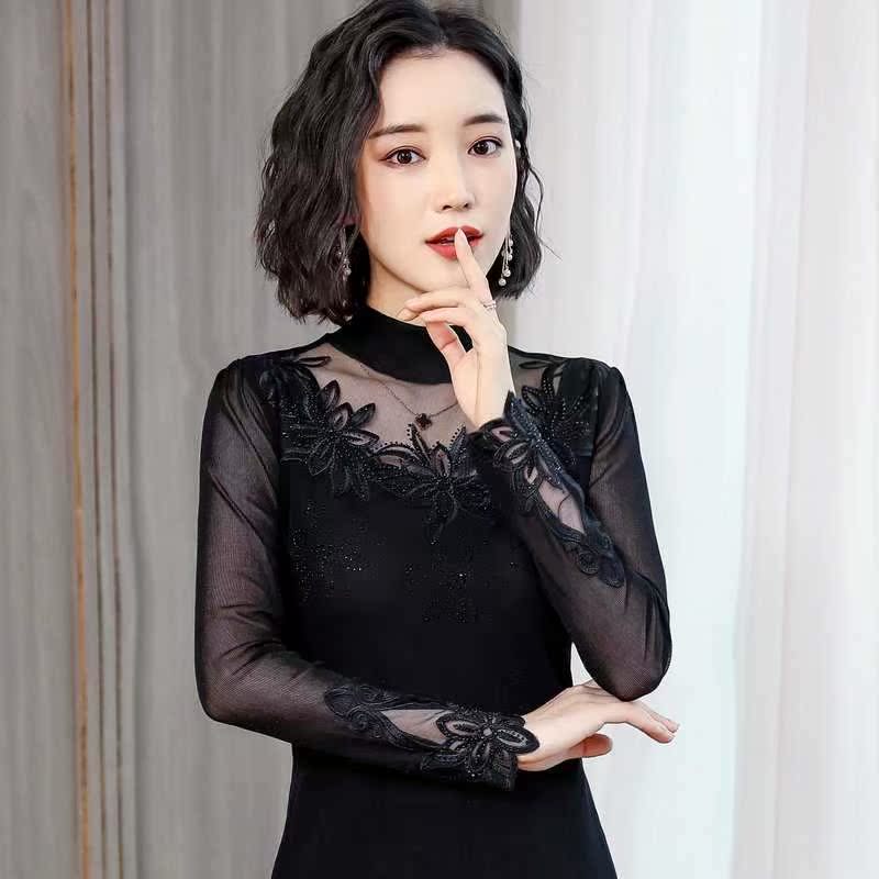 2019新款春装女纱网半高领蕾丝打底衫女长袖T恤上衣内搭网纱小衫在类目 女装/女士精品, 蕾丝衫/雪纺衫中 - 来自Buy2taobao.com提供专业的淘宝代购服务