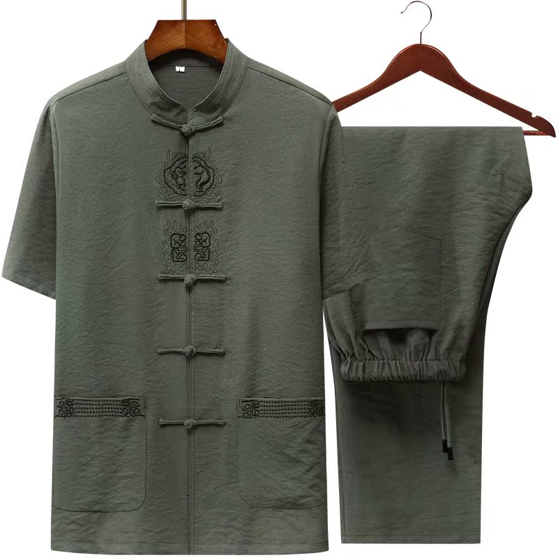 Chinese style summer Middle and old age Tang costume Easy grandpa Embroidery Flax Short sleeved dad Chinese style suitin the Men's clothing, National costume category - from Buy2taobao.com to provide professional Taobao agent buy service