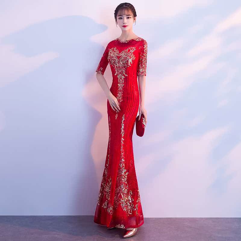 2018新款红色长款宴会晚礼服女修身鱼尾优雅主持人新娘敬酒服礼服在类目 女装/女士精品, 婚纱/旗袍/礼服, 礼服/晚装中 - 来自Buy2taobao.com提供专业的淘宝代购服务