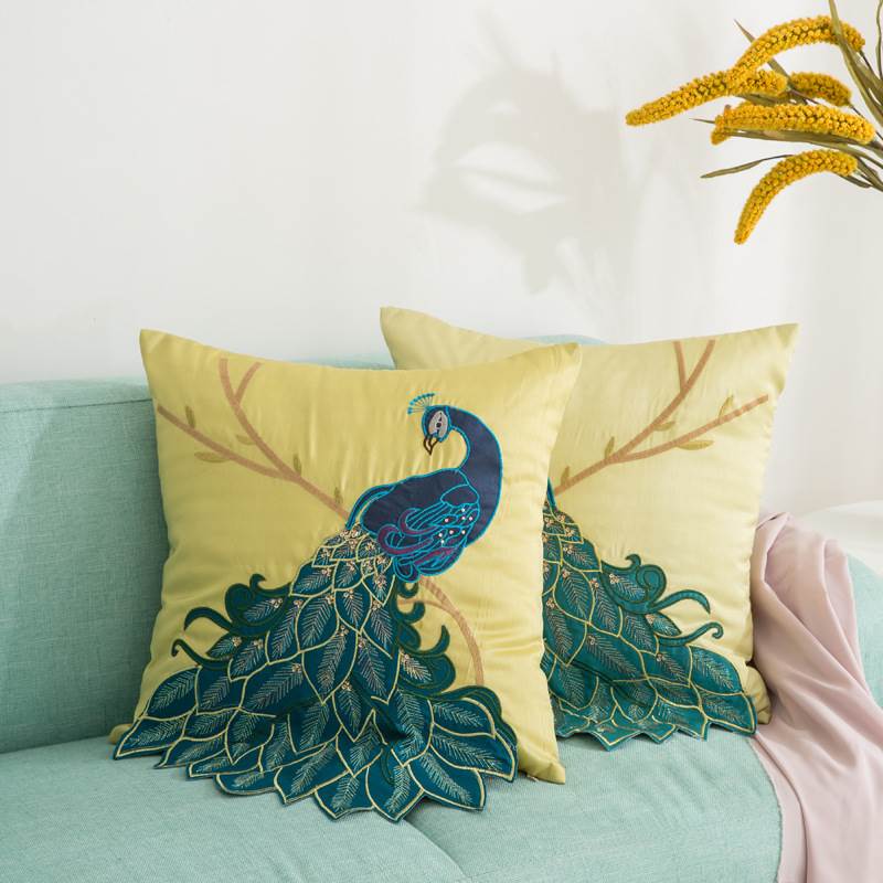 New Chinese style Blue and green Embroidery Peacock Satin Pillowcase Chinese style classical Mahogany sofa Embroidery Cushion backrestin the Home Fabric , Pillow/Pillow category - from Buy2taobao.com to provide professional Taobao agent buy service