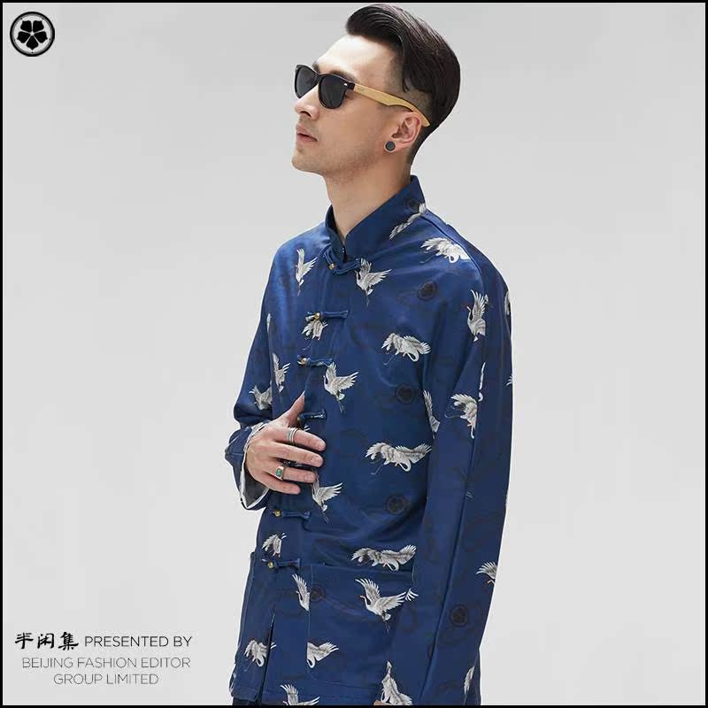 蓝色鹤印花时尚国潮男青年嘻哈盘扣上衣中国风在类目 男装, 民族服装中 - 来自Buy2taobao.com提供专业的淘宝代购服务