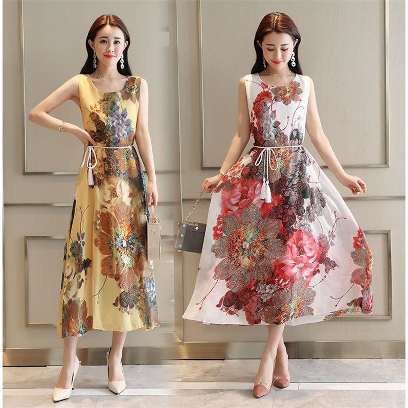 lining Chiffon Dress 2018 Summer wear new pattern Sleeveless Ethnic style printing Waist Show thin have more cash than can be accounted for skirtin the Sportswear/Casual Clothing , Sports Skirt , Sports Dress category - from Buy2taobao.com to provide professional Taobao agent buy service