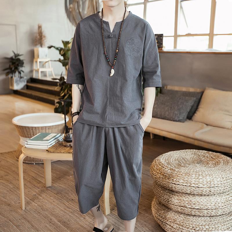 中国风男装佛系亚麻套装禅服茶服中式唐装道袍棉麻复古风汉服古装|ruв категории Мужская одежда, национальная одежда - от Buy2taobao.com для оказания профессиональной услуги покупки агента Taobao