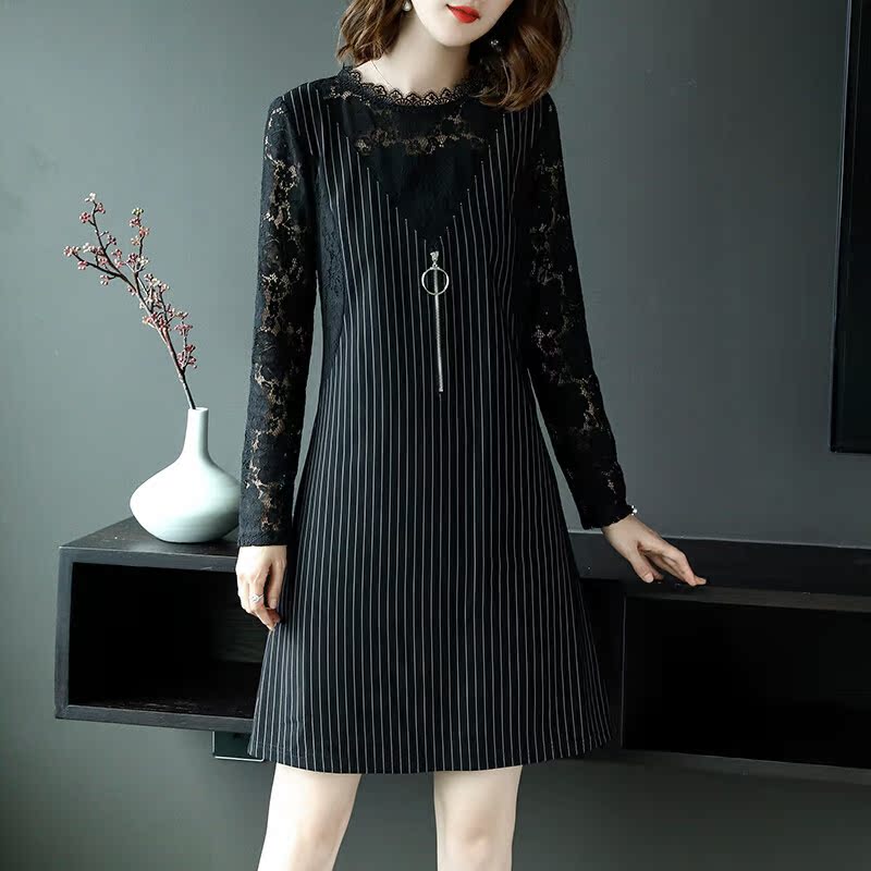 Big yards, women's fat mm2019 spring clothes new pattern Lace Mosaic Hit color stripe Show thin Dress 14in the Play mode/Anime/Periphery/cos/Board games , Cosplay Apparel/Props/Service , Cosplay Women category - from Buy2taobao.com to provide professional Taobao agent buy service
