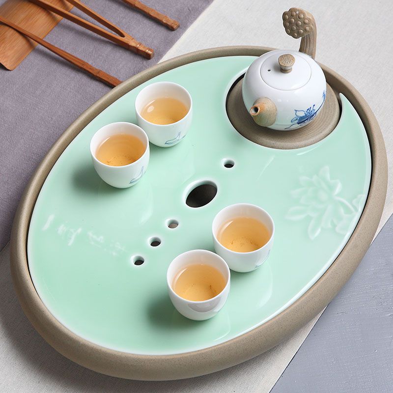 家用陶瓷茶盘大号 陶瓷手绘荷花茶台 圆形双层储水式茶托干泡茶盘在类目 餐饮具, 茶具, 茶盘中 - 来自Buy2taobao.com提供专业的淘宝代购服务