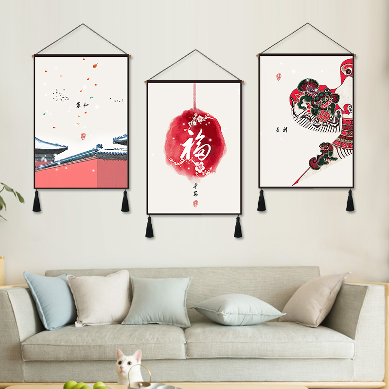 沙发背景墙壁毯中国风新中式客厅装饰画餐厅酒店挂布玄关三联挂毯在类目 居家布艺, 挂毯/壁毯中 - 来自Buy2taobao.com提供专业的淘宝代购服务