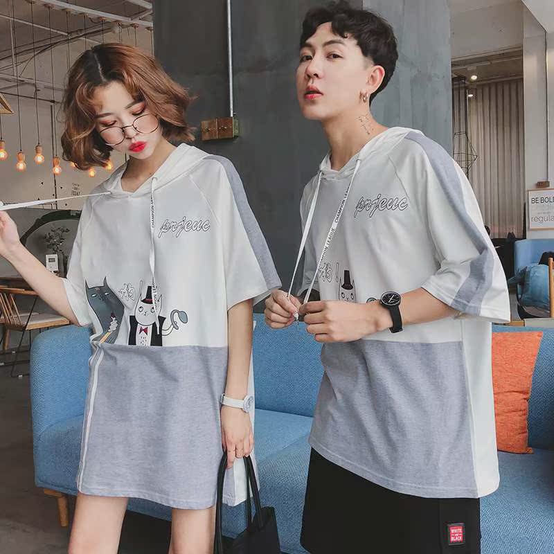 Couples dress 2019 Summer wear new pattern Korean Edition Cartoon Mid length version Short sleeved T-shirt student Easy Hooded jacketin the Women's clothing/Boutique , T-shirt category - from Buy2taobao.com to provide professional Taobao agent buy service