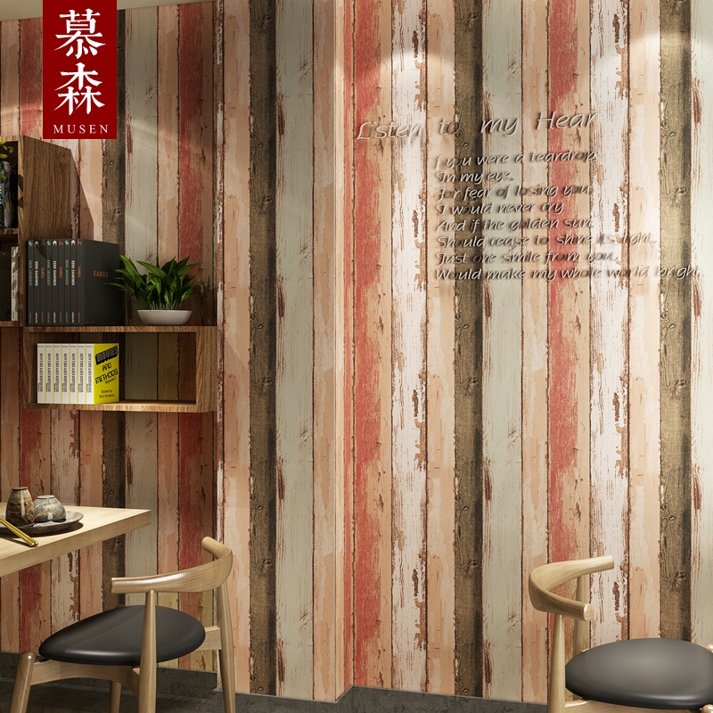 美式复古怀旧彩色斑驳木板木纹墙纸个性酒吧餐厅服装店竖条纹壁纸在类目 家装主材, 墙纸, PVC墙纸中 - 来自Buy2taobao.com提供专业的淘宝代购服务