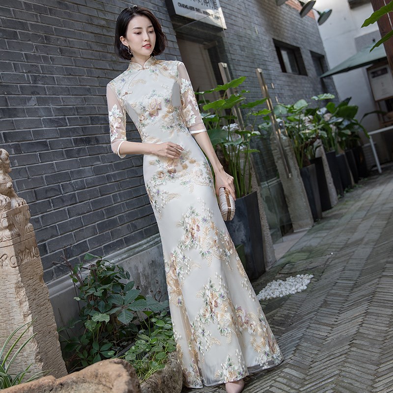 宴会旗袍2019新款女端庄大气修身长款年会主持人鱼礼服会旗大|msdalam kategori Butik wanita / wanita, perkahwinan/Cheongsam/pakaian, Cheongsam - dari Buy2taobao.com untuk memberikan perkhidmatan ejen Taobao profesional membeli