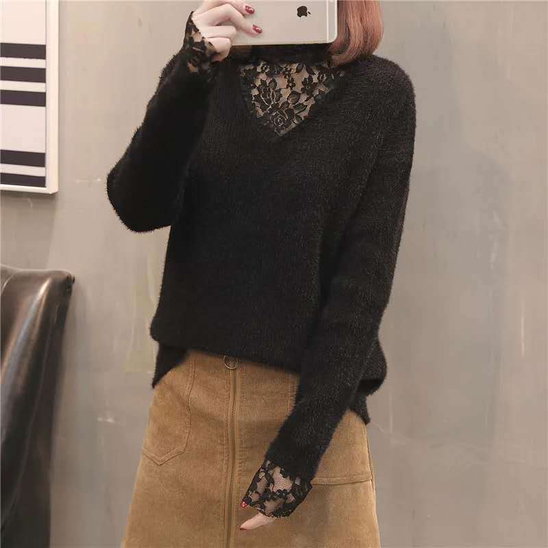 防水貂绒毛衣女套头拼接蕾丝V领宽松短款百搭针织衫时尚打底上衣在类目 女装/女士精品, 毛衣中 - 来自Buy2taobao.com提供专业的淘宝代购服务