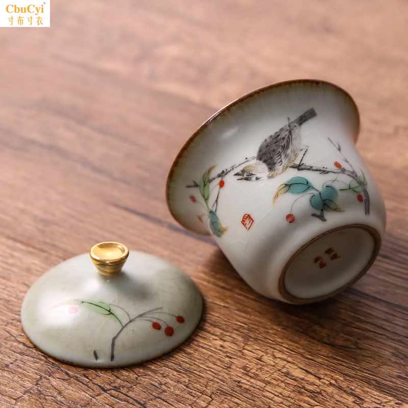 复古鎏金汝窑开片三才碗 大号功夫茶具盖碗茶碗仿古陶瓷汝瓷茶道|ruв категории посуда, чайный сервиз, супник - от Buy2taobao.com для оказания профессиональной услуги покупки агента Taobao