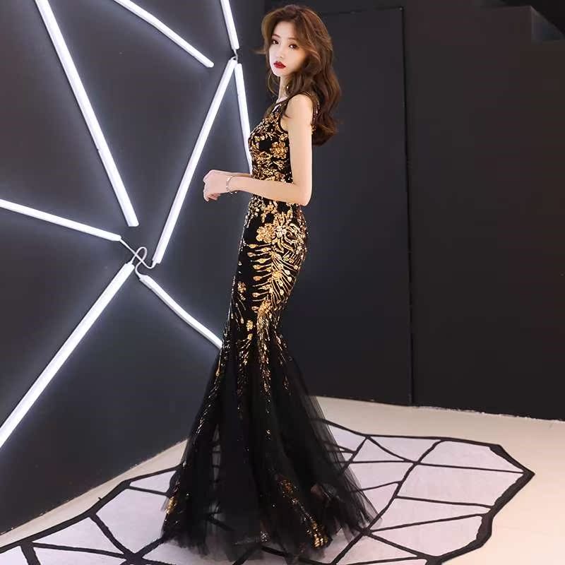 宴会晚礼服女2019新款高贵优雅黑色鱼尾长款亮片主持人礼服裙端庄在类目 女装/女士精品, 婚纱/旗袍/礼服, 礼服/晚装中 - 来自Buy2taobao.com提供专业的淘宝代购服务