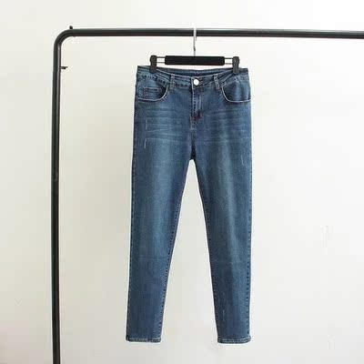 秋冬胖妹妹韩版显瘦时尚宽松潮磨白猫抓百搭弹力牛仔裤大码长裤女