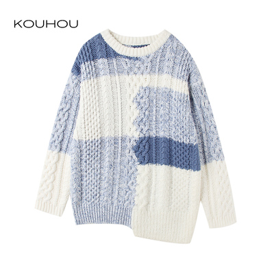 蔻后清新清纯简约风针织拼色不规则套头毛衣麻花编织宽松慵懒时尚