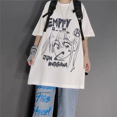国潮不良叛逆少女二次元动漫T恤男女宽松情侣ins街头潮流嘻哈短袖