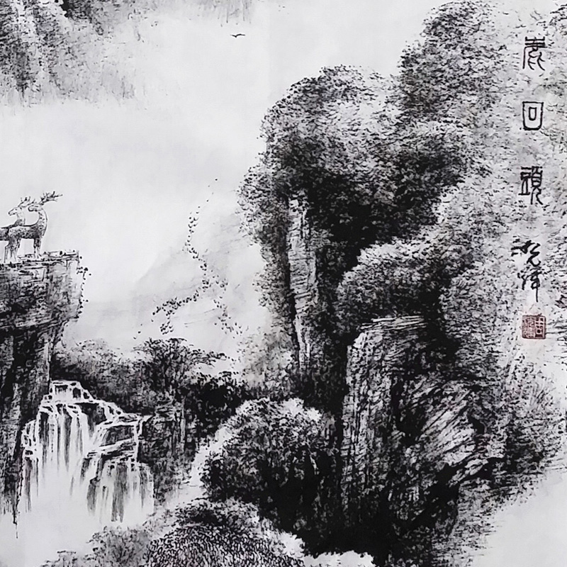 美协会员著名焦墨画家周光辉作品《鹿回头》名家名作