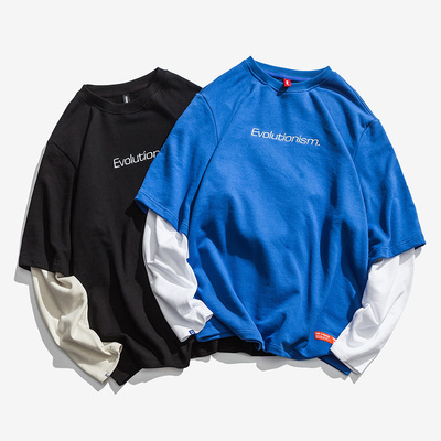 Chinism 春装日系刺绣帅气的假两件卫衣男潮圆领牌街头宽松套头