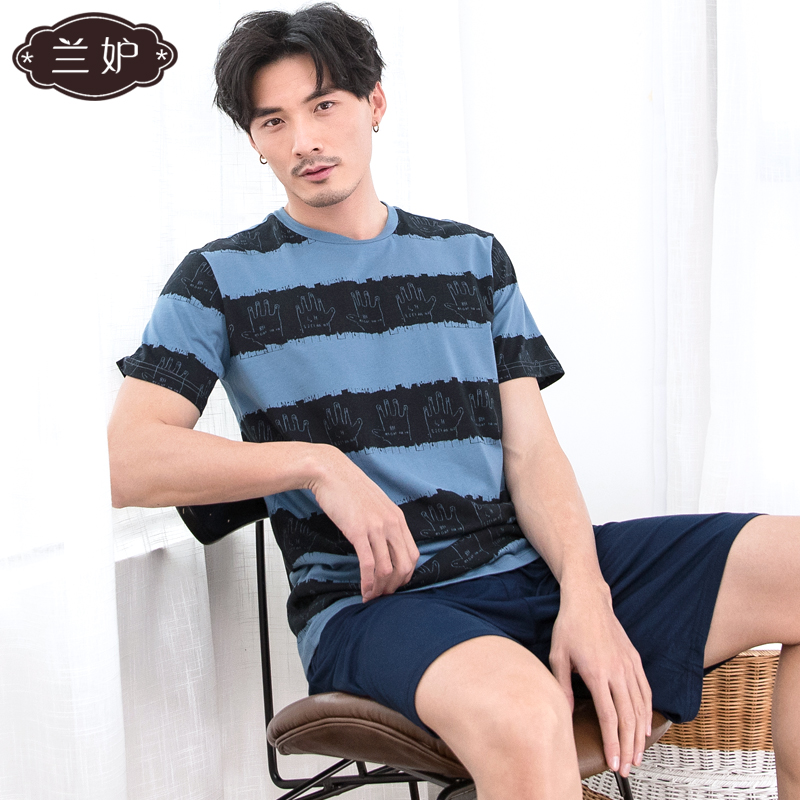 兰妒可外穿纯棉条纹T恤春夏薄款短袖圆领套头加大码男睡衣家居服在类目 女士内衣/男士内衣/家居服, 睡衣上装中 - 来自Buy2taobao.com提供专业的淘宝代购服务