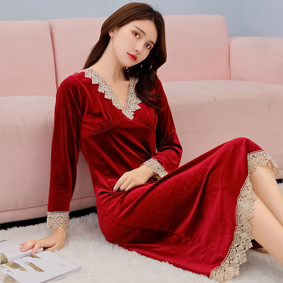 睡衣女秋长袖性感金丝绒宫庭风蕾丝长款灯心绒连体睡裙家居服冬季