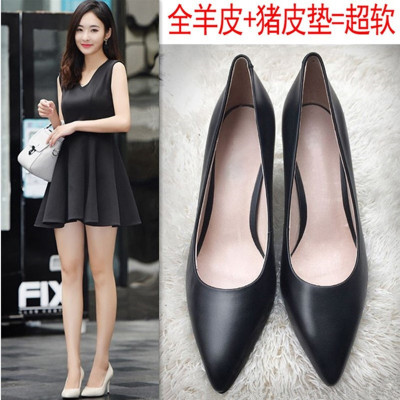 2017春秋新款中跟单鞋尖头职业工作鞋女黑色高跟鞋小码31 32 33码