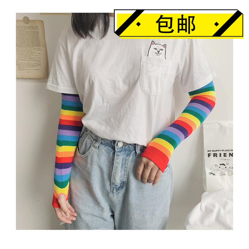 原宿風可愛彩色條紋彩虹袖套糖果色學生夏季防曬冰袖情侶袖套網紅在類目 服飾配件/皮帶/帽子/圍巾, 手套中 - 來自Buy2taobao.com提供專業的淘寶代購服務