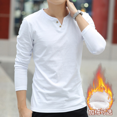 男士长袖T恤V领秋衣打底衫潮流男装纯色体桖纯棉春季潮牌白上衣服