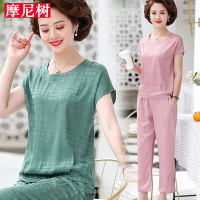 妈妈夏装雪纺短袖t恤两件套中老年女休闲时尚运动套装40-50岁上衣