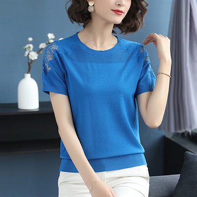 欧洲站圆领时尚蕾丝针织短袖t恤女2020新款休闲潮流甜美打底衫