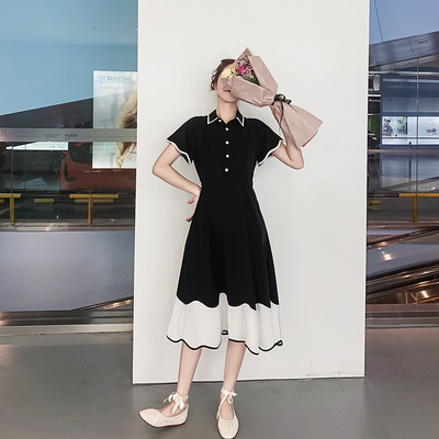 黑色衬衫连衣裙女中长款2020新款夏季收腰显瘦气质赫本风小黑裙子