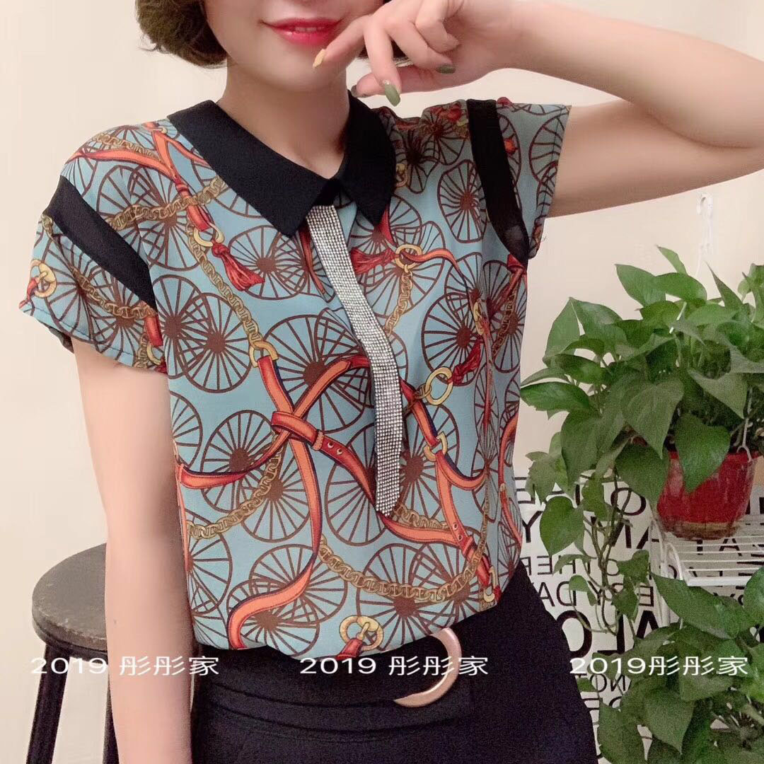 芭比莉19夏新款雪紡衫女裝上衣韓範時尚花色短袖水鑽飄帶襯衫顯瘦在類目 女裝/女士精品, 蕾絲衫/雪紡衫中 - 來自Buy2taobao.com提供專業的淘寶代購服務