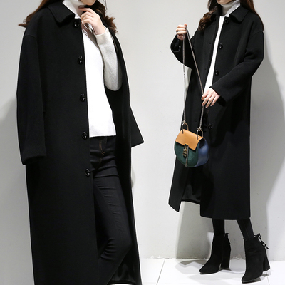 2017新款女装冬装大码宽松茧型毛呢外套黑色中长款呢子大衣过膝潮