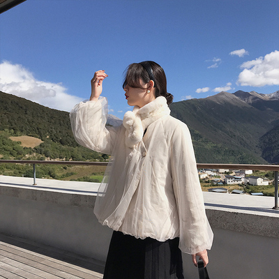 izp 外套女2019新款棉服棉衣宽松短款面包服网纱拼接女人味棉袄冬