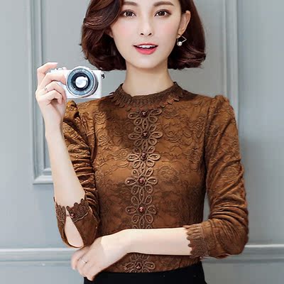 2016秋冬新款修身大码外穿保暖上衣加绒加厚圆领蕾丝长袖打底衫女