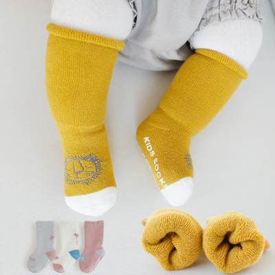 婴儿袜子秋冬加厚毛圈保暖高筒袜初生新生儿松口防滑宝宝地板袜冬