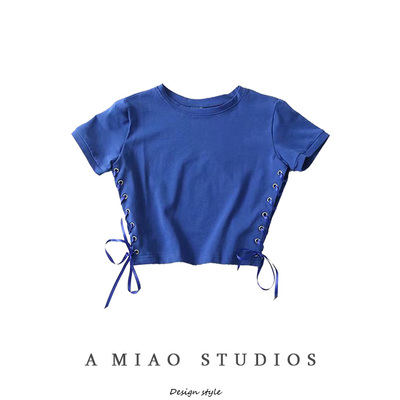 法式小众设计款重工气眼侧边绑带短款露脐T恤高腰短袖套头上衣女