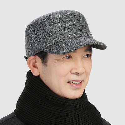 冬季中老年帽子男士冬天老人保暖护耳老头棉帽毛呢爸爸平顶鸭舌帽