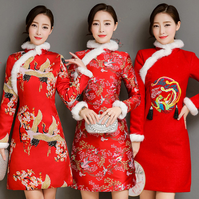 新春旗袍连衣裙夹棉加厚中国风改良日常少女唐装红色礼服本命年女